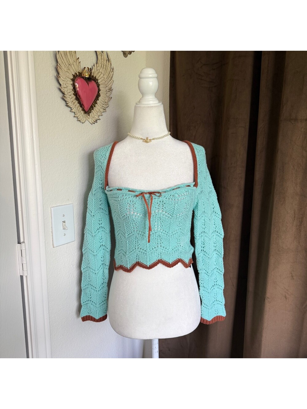 Urban Outfitters Women's Mint Green Crochet Knit Sweater with Brown Trim, Size S